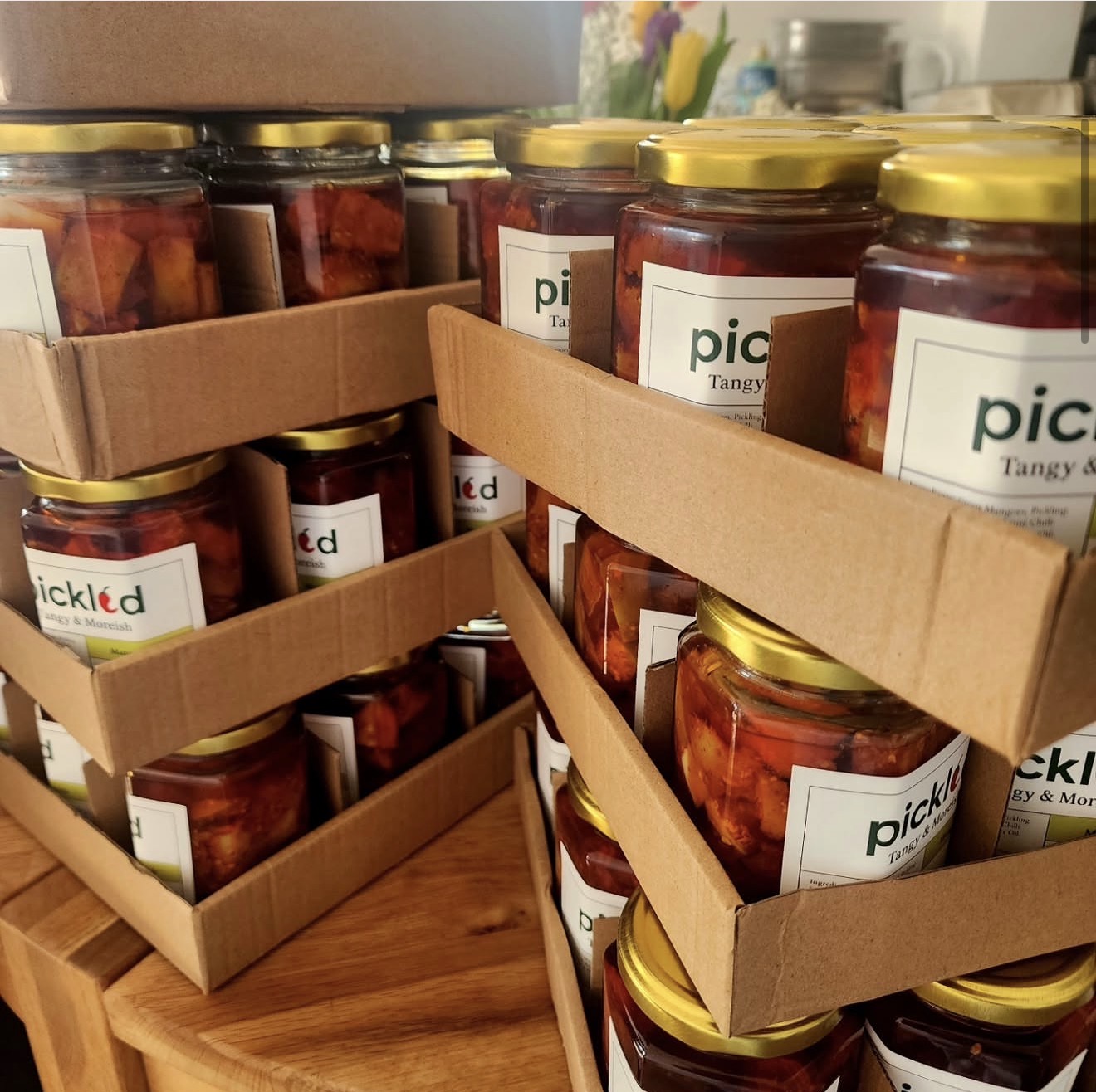 Crates of labelled Pickled jars